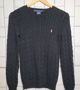 RALPH LAUREN SPORT Black Cable Knit Sweater Crew Neck Medium Weight